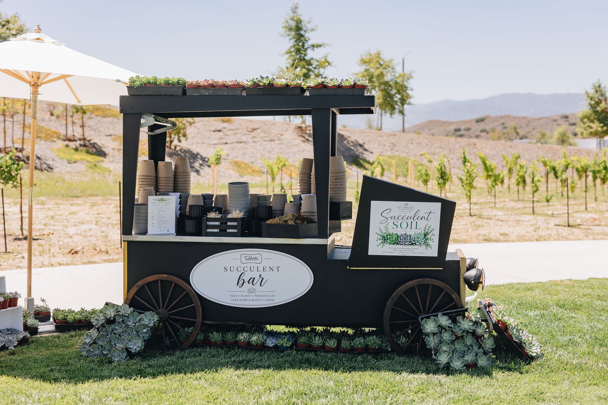 The Le Cart Atelier succulent bar wagon set on a lawn with vineyard hills behind it